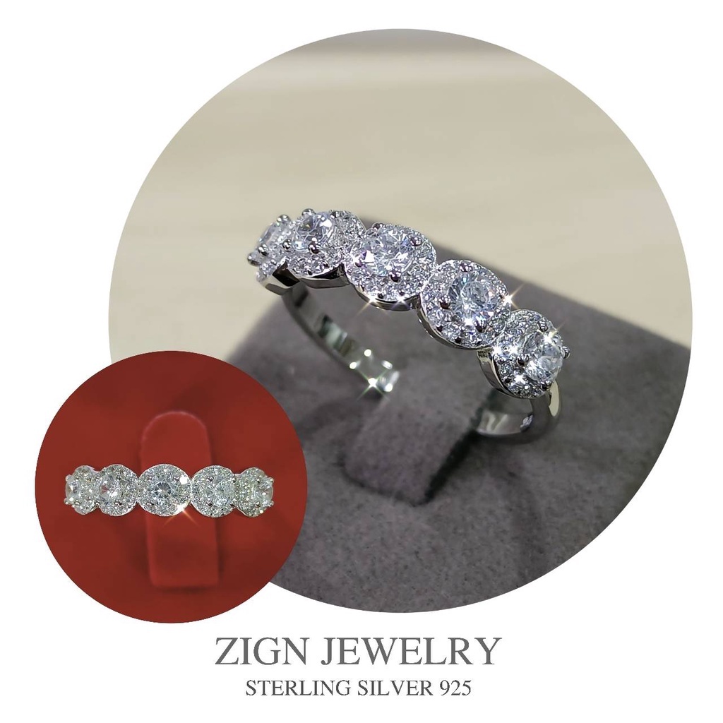 ZignJewelryแหวนเงินแท้ 925 รุ่นRS0026 เคลือบทองคำขาวแท้ แหวนเพชร แหวนดอกไม้ของแท้100%