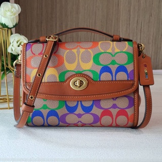 🎀 (สด-ผ่อน) กระเป๋าสะพาย เรนโบว์  7 นิ้ว SHOP COACH C5144 Coach  Kip Turnlock Crossbody in RAINBOW Signature Canvas