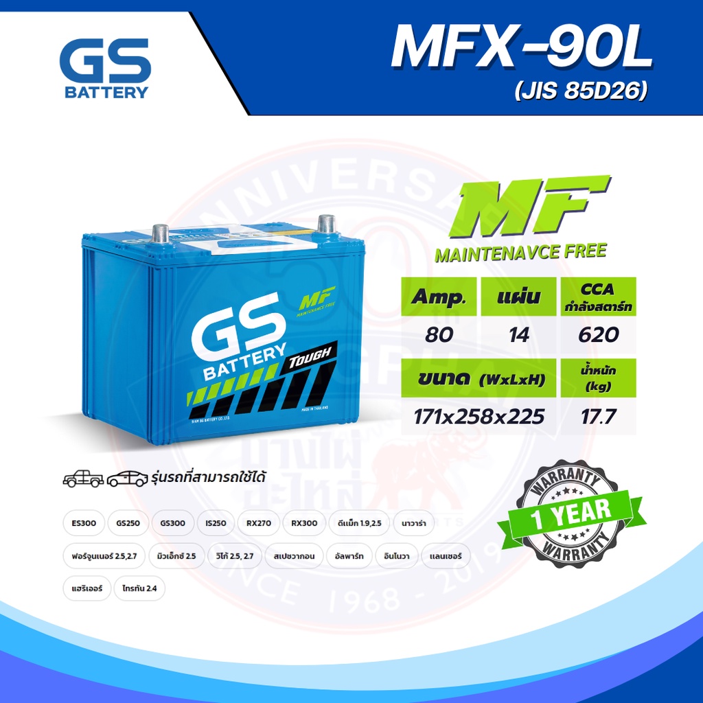 แบตเตอรี่ GS MFX-90L (MF:MFX) 80Amp. (JIS 85D26)