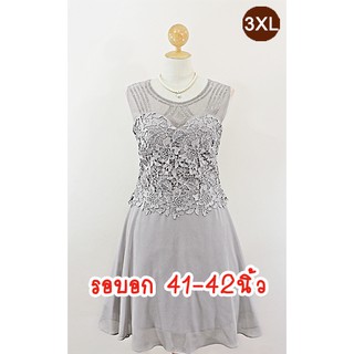 E1907-3-3XL-ชุดราตรีคนอ้วน สีเทา ผ้าชีฟองและผ้าลูกไม้ปราด้า คอกลมซีทรูประดับเพชร แขนกุด กระโปรงบานเล็กน้อย