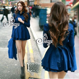 On street denim ribbon mini dress