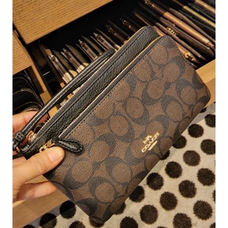 พร้อมส่ง แท้ 🇺🇸💯% New Coach คล้องมือ 2 ซิป L DOUBLE ZIP WALLET IN SIGNATURE CANVAS (COACH C5576) IM/BROWN BLACK