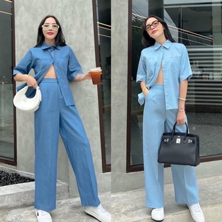 DENIM SET | เซทผ้ายีนส์ ผ้าใส่สบายกำลังดี ตัวเสื้อเป็นทรงเชิ้ต ดีเทลพับปลายแขน