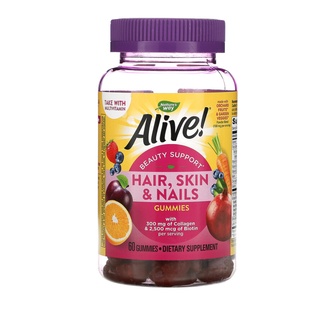 พร้อมส่ง Natures Way, Alive! Hair Skin &amp; Nails with Collagen, Strawberry Flavoured 60 Gummies