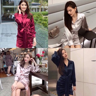 CS11263 เดรสกระดุมหน้าปกเชิ้ตแขนยาว มีโบว์ผูกด้านหน้า