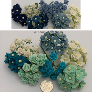 เซ็ท DIY  รวม 60 ดอกจิ๋วและเล็ก ดอกไม้กระดาษสา งานประดิษฐ์ งานแต่ง Mulberry Paper Flowers (P02) โทนน้ำเงิน-ฟ้า