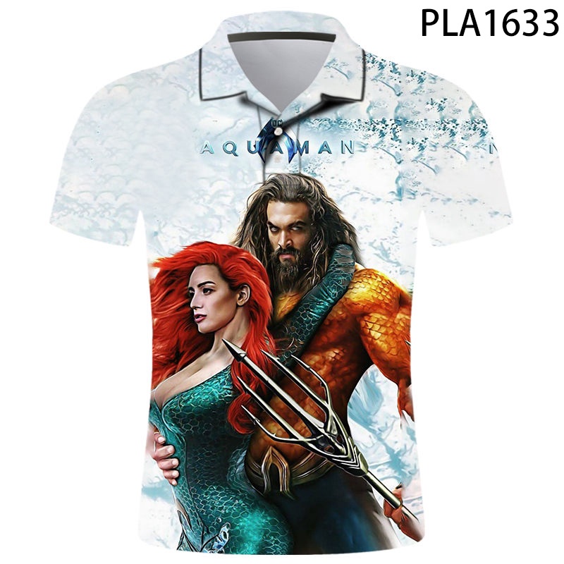 ใหม่ เสื้อโปโล แขนสั้น พิมพ์ลายการ์ตูน Aquaman 3 มิติ สไตล์สตรีท แฟชั่นฮาราจูกุ สําหรับผู้ชาย