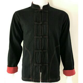 [ส่งฟรี]เสื้อผ้าฝ้าย 100% ดำแดง คอจีน กระดูมจีน สีดำแขนยาว