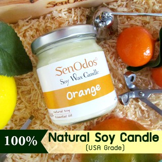 SenOdos เทียนหอม กลิ่นส้ม Orange Soy Candle เทียนอโรม่า กลิ่นหอมช่วยผ่อนคลาย ไร้เขม่าควันดำ ปลอดภัย ไร้สารเคมี 190 g.