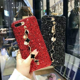 เคสโทรศัพท์มือถือ ลายใบโคลเวอร์สี่แฉก แต่งกลิตเตอร์ พร้อมสายคล้องมือ สําหรับ Vivo Y17 Y30 Y50 Y20Y91C