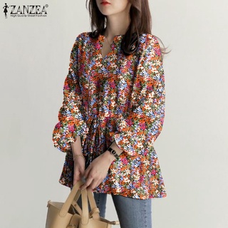 Zanzea เสื้อลําลองสําหรับสตรีแขนยาวเอวยางยืดพิมพ์ลาย