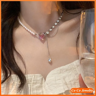 Cocojewelry สร้อยคอมุกคริสตัล สีชมพู สไตล์เกาหลี สําหรับผู้หญิง