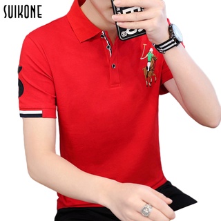 Suikone เสื้อโปโลผู้ชายเสื้อนักเรียนสีทึบพิมพ์ปกแขนสั้นแฟชั่นใหม่บางผ้าฝ้ายแขนสั้น Tops