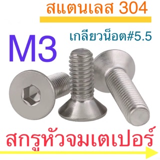 สกรูหัวจมเตเปอร์ สแตนเลส M3 ทุกความยาว สกรูหัวเรียบ หัวฝั่ง