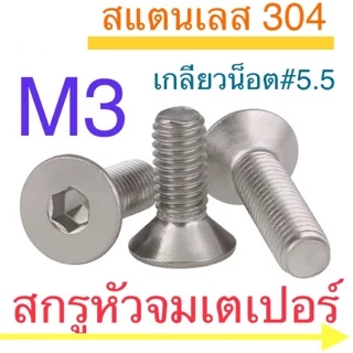 สกรูหัวจมเตเปอร์ สแตนเลส M3 ทุกความยาว สกรูหัวเรียบ หัวฝั่ง