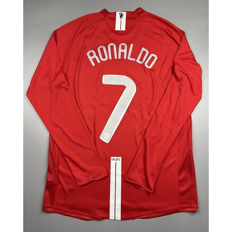 เสื้อบอลย้อนยุค แขนยาว แมนยู 2008 เหย้า Retro Manchester United Home พร้อมเบอร์ชื่อ 7 RONALDO อาร์มยูฟ่า แชมเปี้ยนลีค