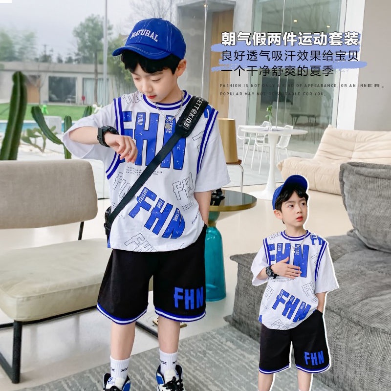 Ones เสื้อผ้าเด็กชุดเด็กฤดูร้อน 2022 เด็กใหม่ชุดกีฬาในเด็กโตแบบสบาย ๆ ทอดถนนเสื้อกางเกงขาสั้นชุดสองชิ้น