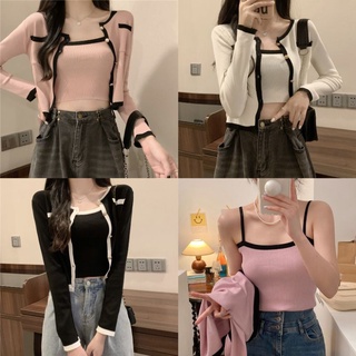 Ey_shop688#พร้อมส่ง✨M0058(2ชิ้น)#เสื้อคลุมเกาหลีแขนยาว+เสื้อกล้าม #เสื้อผ้าไหมพรมกระดุมหน้า5เม็ดแต่งกระเป๋า2ข้าง💕