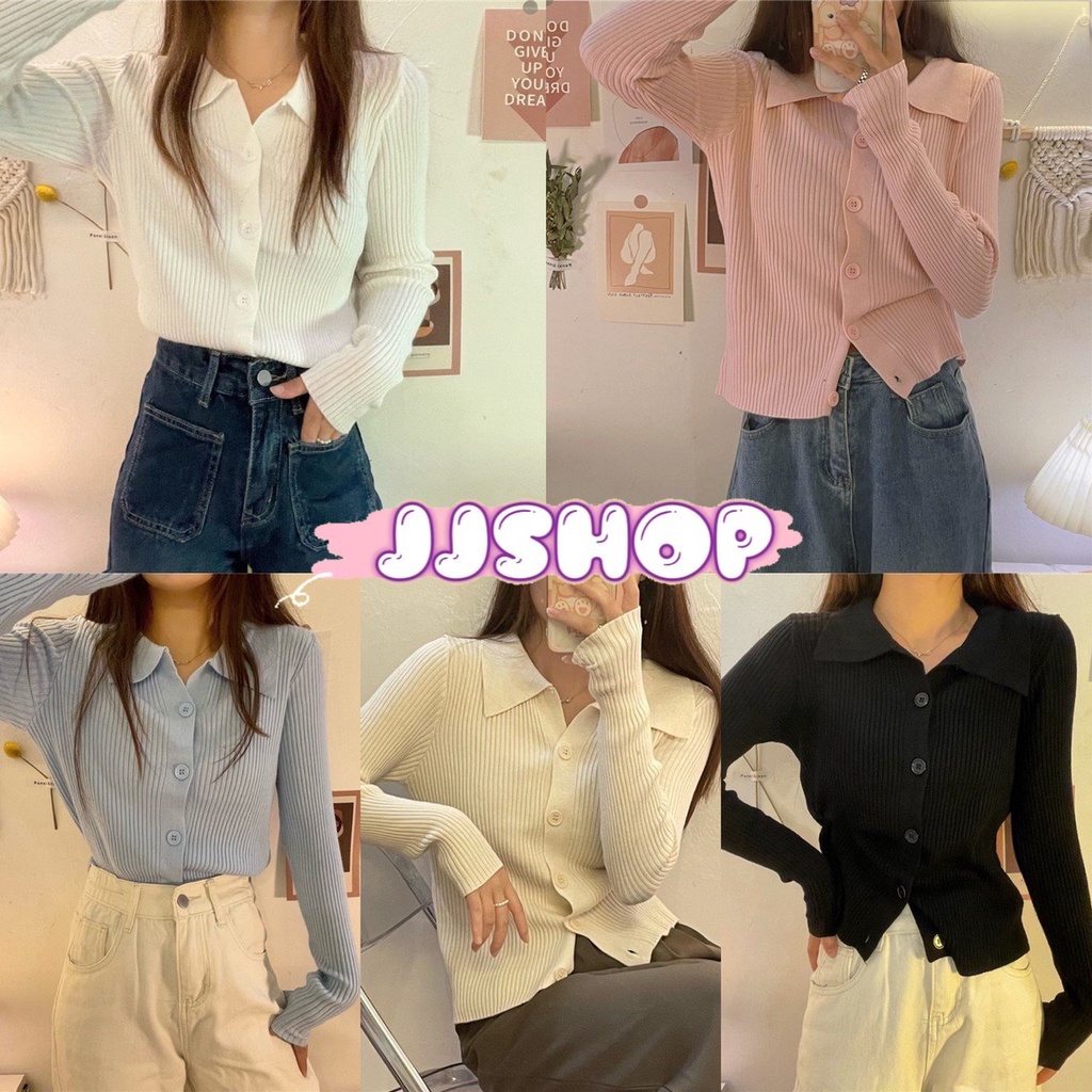 JJ shop 💜พร้อมส่ง เสื้อไหมพรมคอปก แขนยาว ดีเทลกระดุมหน้า สีพาสเทลน่ารักๆ"13088" -C