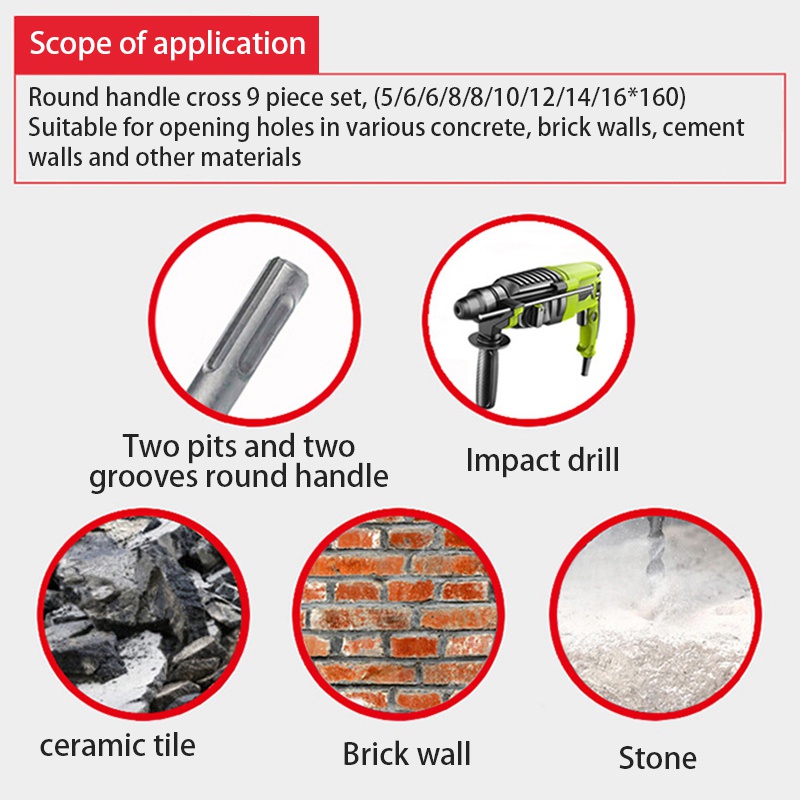 Sds Plus Masonry Drill Bits ชุดค้อนเกลียวสว่านบิต 9 ชิ้น 160 มม.