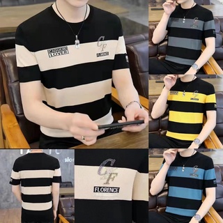 พร้อมส่ง M-5XL🌟เสื้อยืดเกาหลีผู้ชาย แขนสั้น ทรงหลวม คอลูกเรือ เสื้อเชิ้ตลาย แฟชั่นฤดูร้อนเสื้อยืดผู้ชาย oversize สวมใส่สบายเสื้อเชิ้ตผู้ชาย