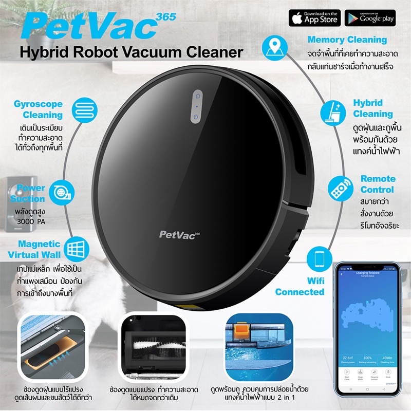 PetVac365 หุ่นยนต์ดูดฝุ่น และถูพื้นแบบแท็งค์น้ำ Robot Vacuum Wifi GYRO