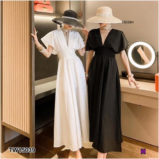 MM15039 แม็กซี่เดรสคอวีหน้า-หลังอกจีบ V-neck maxi dress front-back pleated bust