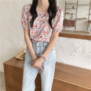 💐 Donut flower shirt เสื้อเชิ้ตคอเหลี่ยม แขนสั้น ลายดอกไม้ + ยางมัดผม เนื้อผ้าชิฟฟ่อนผสม 🌈