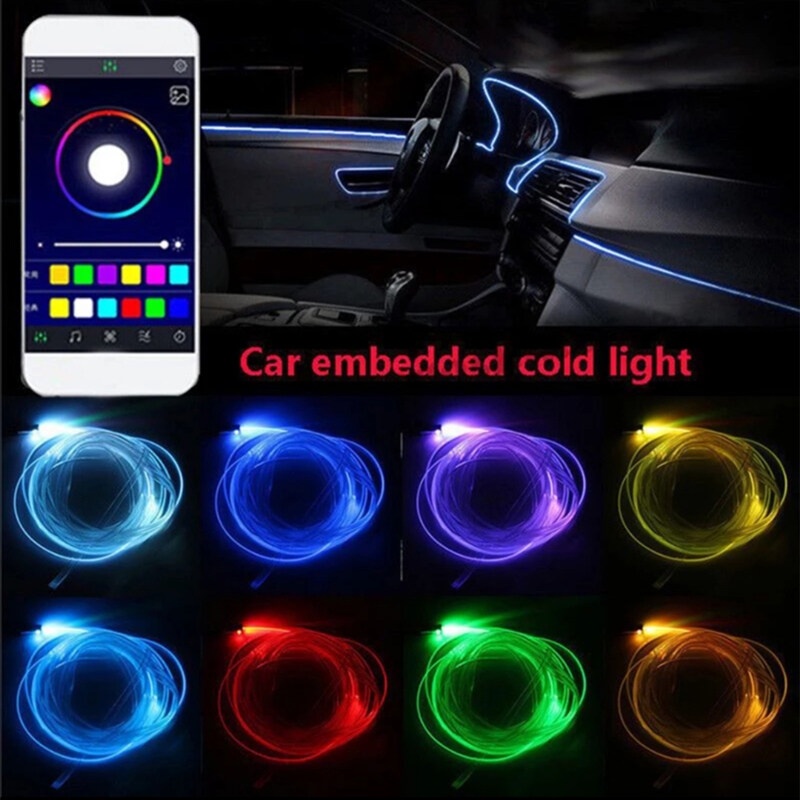 6 in 1 RGB LED Atmosphere Car Light Interior Ambient Light by App Control 8M Fiber Optic Strips Light Flexible Decorativ