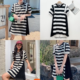 🌈🌿🌺🌸🌼🤎🧡🇰🇷 Stripe Sleeveless Patch Pleat Dress🤎🧡🇰🇷