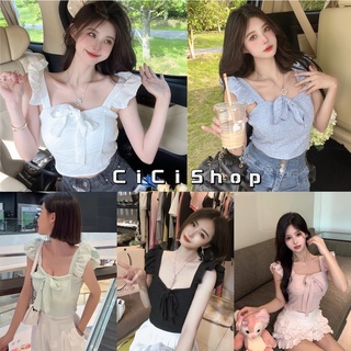 Cicishop(585)เสื้อสายเดี่ยว แต่งแขนระบายมีฟองน้ำในตัวดีเทลผูกโบวหน้าอก สม็อหลัง สีพาสเทลน่ารักกก