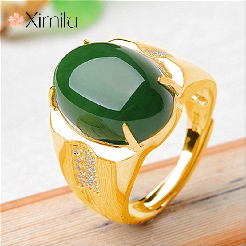 ♥ แหวนหยก ชุบทอง 18k สีเขียวธรรมชาติ สองสี หรูหรา เครื่องประดับ สําหรับผู้ชาย และผู้หญิง