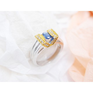 แหวนพลอยไพลิน Blue sapphire (Thai) ตัวเรือนเงินแท้ 925 ประดับเพชร cz สวย หรู ดูแพง