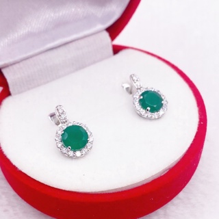 P6418 ต่างหูพลอยโมราแท้ ( Chrysoprase ) แบบอิงลิชล็อค ตัวเรือนเงินแท้ 925 ชุบทองคำขาว