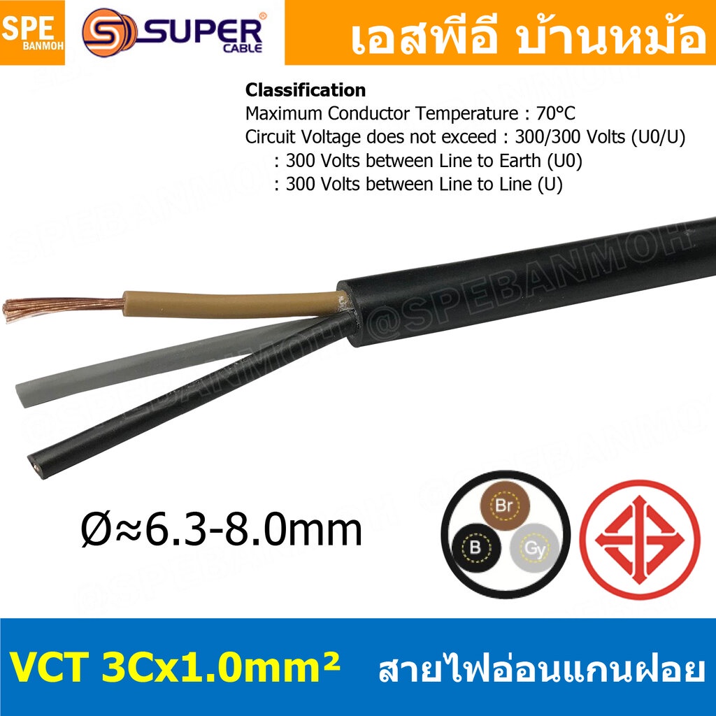 [ 2 เมตร ] VCT-3x1.0 สาย VCT 3C X 1.0 sq.mm สายอ่อน 3 คอร์ Size 1.0 sq.mm VCT AC Power Cable สายไฟ A