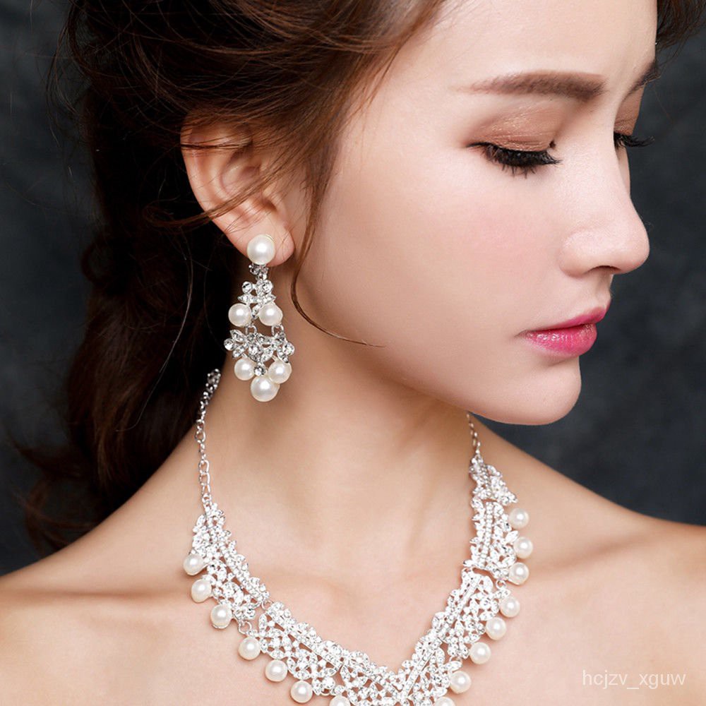 R6S2 Pearl Flower Wedding Hair Tiara Crown Set Bridal Necklace Earring Jewelry Kit