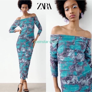 Zara dress แท้ 💯% เดรสแต่งย่นทั้งตัว ปาดไหล่ แขน5ส่วน ใส่แล้วปัง