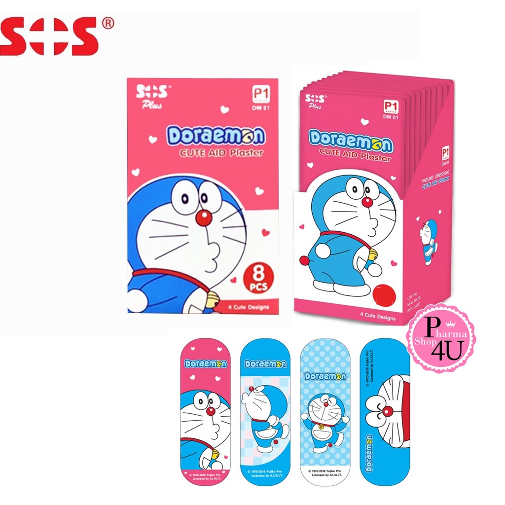 SOS Plus Doraemon P1 พลาสเตอร์ ปิดแผล ลายโดเรมอน ขนาด 1.9 x 5.6 ซม ( บรรจุ 8 แผ่น/ซอง ) [ 1 ซอง ]