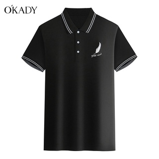 OKADY เสื้อโปโล เสื้อเชิ้ตโปโลผู้ชายแฟชั่นธุรกิจลำลอง ทรงเข้ารูป แขนสั้น คอตั้ง เสื้อเชิ้ตแขนสั้นพิมพ์ลาย เสื้อ