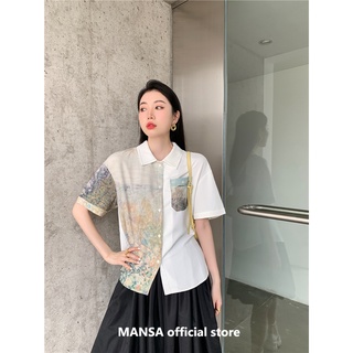 MANSA white print oversize shirt เสื้อเชิ้ตโอเวอร์ไซส์ สีขาว เสื้อเชิ้ตแขนสั้นเกาหลี เสื้อพิมพ์ลาย