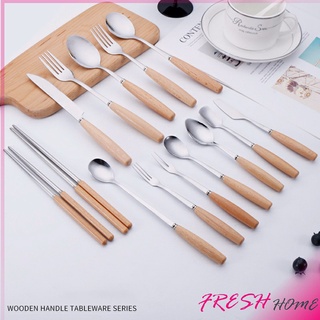 ชุด มีด ช้อน ส้อม ตะเกียบ วัสดุสแตนเลสและไม้ ช้อนส้อมด้ามไม้ Stainless steel cutlery