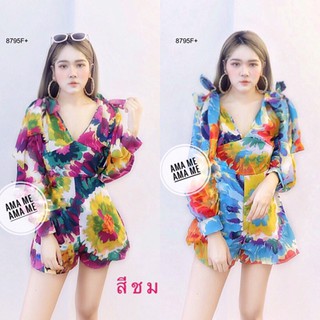 G8795 Jumpsuit จั้มสูทขาสั้นแขนพอง ลายดอกสีมัดย้อม