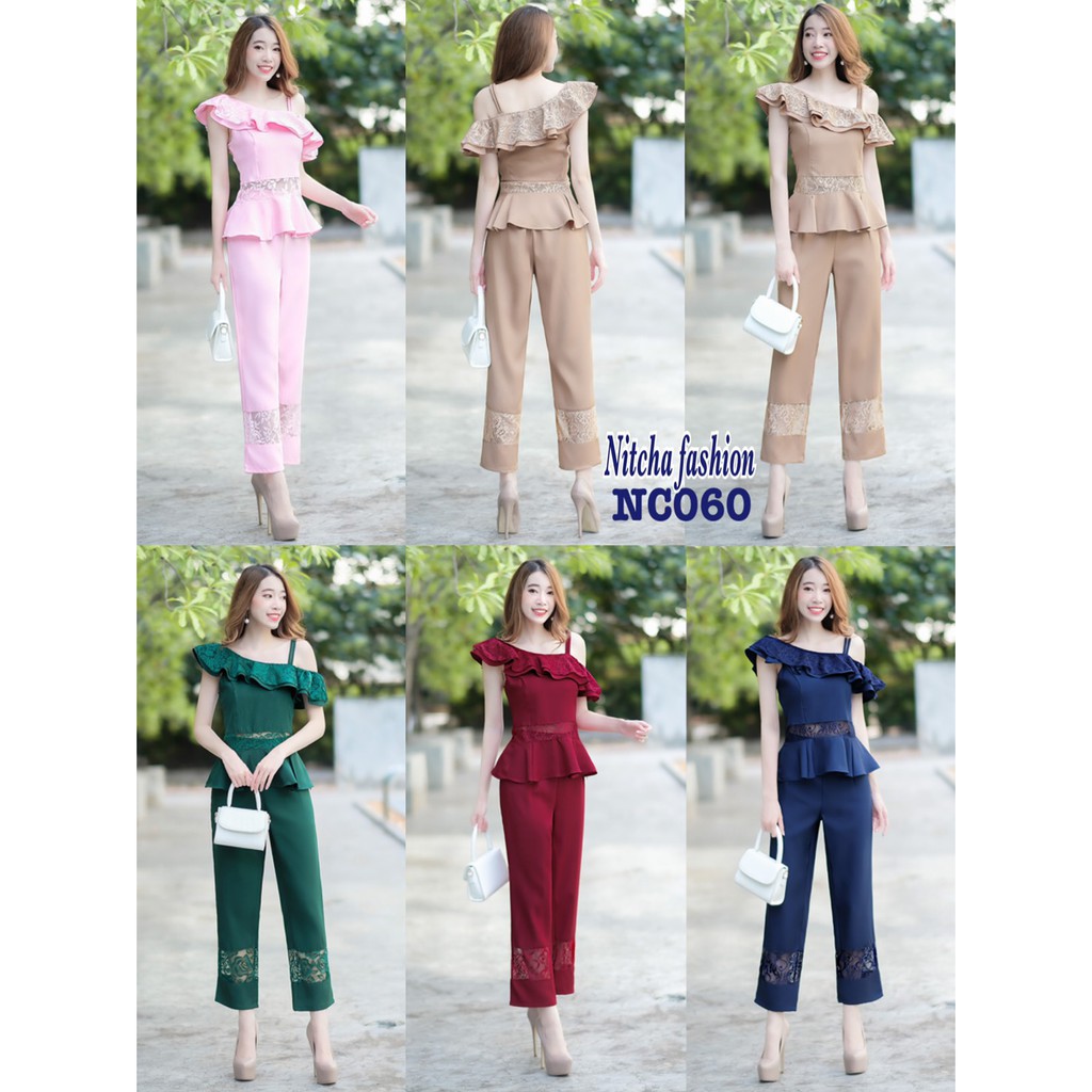 NCB060 ชุดเซ็ตเสื้อปาดไหล่กางเกงแต่งลูกไม้ ไซส์ปกติ-สาวอวบ