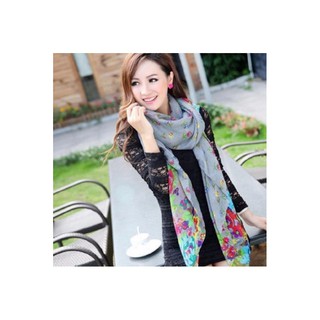 P47-ผ้าพันคอ ผ้าพันคอแฟชั่น ลายดอกไม้ (สีเทา)ScarfChiffon- FlowerGray