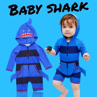 #ชุดว่ายน้ำเด็ก Baby shark ชุดขาสามส่วน พร้อมฮู้ดหน้าฉลามน่ารัก