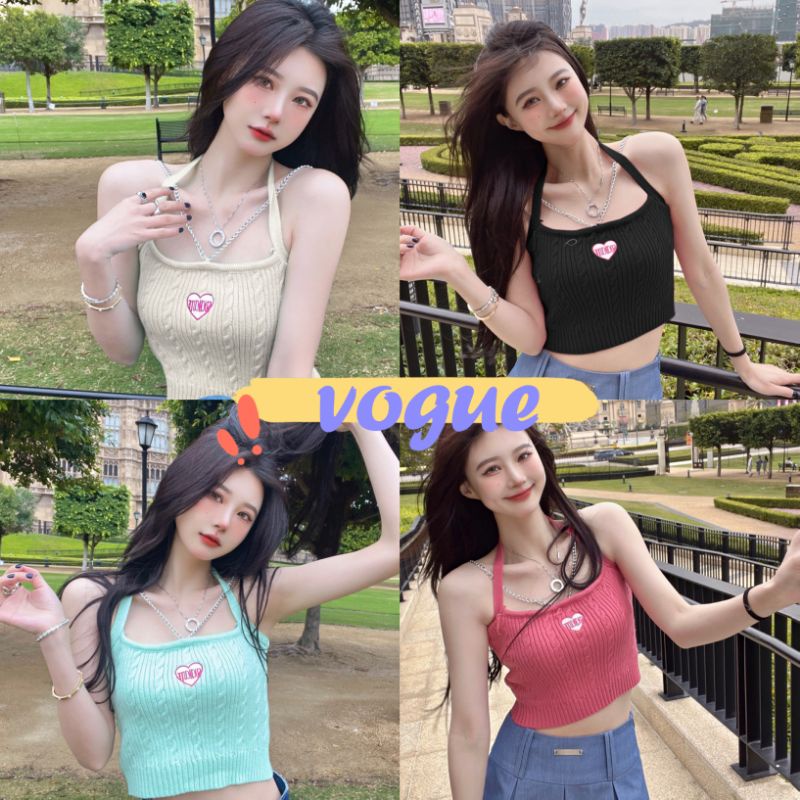 Vogue พร้อมส่ง เสื้อคล้องคอไหมพรม แถวสายโซ้ ดีเทลลายหัวน่ารัก (Q506)