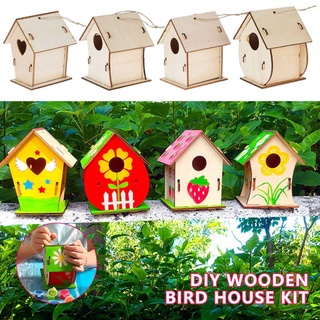 Stock | 4Pcs Painting Kit DIY Wooden Bird House Kit Kids Arts Crafts Pigment Painting Set Parent-child Interactive Toys