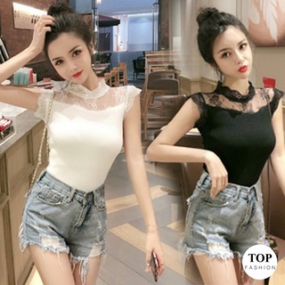 🔥พร้อมส่งไทย ราคาถูก🔥เสื้อแขนกุดผ้าร่อง แต่งลูกไม้ซีทรู ผ้ายืดได้เยอะ ใส่สบาย ด้านหลังเป็นซิปแต่งมุก 2 สี แฟชั่น เก๋ๆ