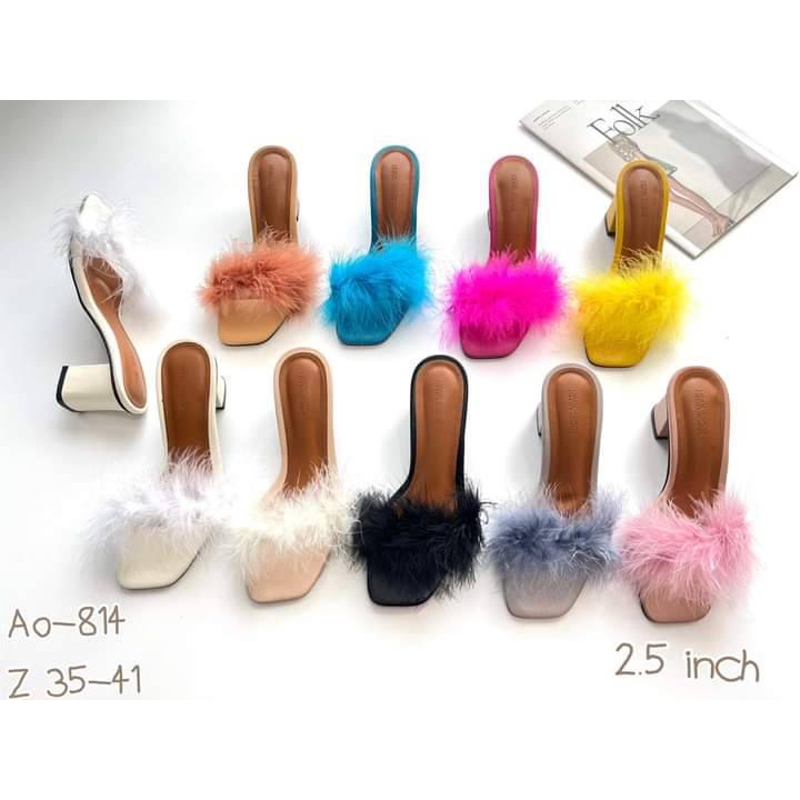 Niwa shoes รองเท้าสตรี ส้นสูง รหัส AO-814 ดีเทลขนนก หนัง Pu นิ่มใส่สบาย size 40 41 แจ้งรับSize ในแชทได้เลยค่ะ