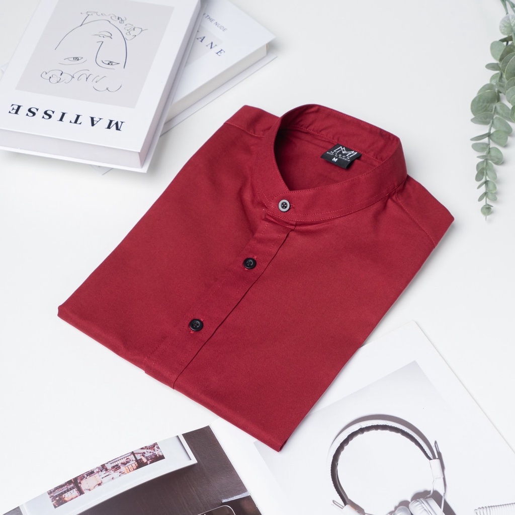 16 สี [พร้อมส่ง] เสื้อเชิ้ตแขนสั้นคอจีน สีแดง เสื้อเชิ้ตผู้ชาย S-XXL